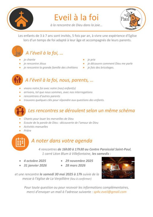 Les enfants de 3 à 7 ans sont invités, 5 fois par an, à vivre une expérience d’Eglise  lors d’un temps de foi adapté à leur âge et accompagnés de leurs parents.